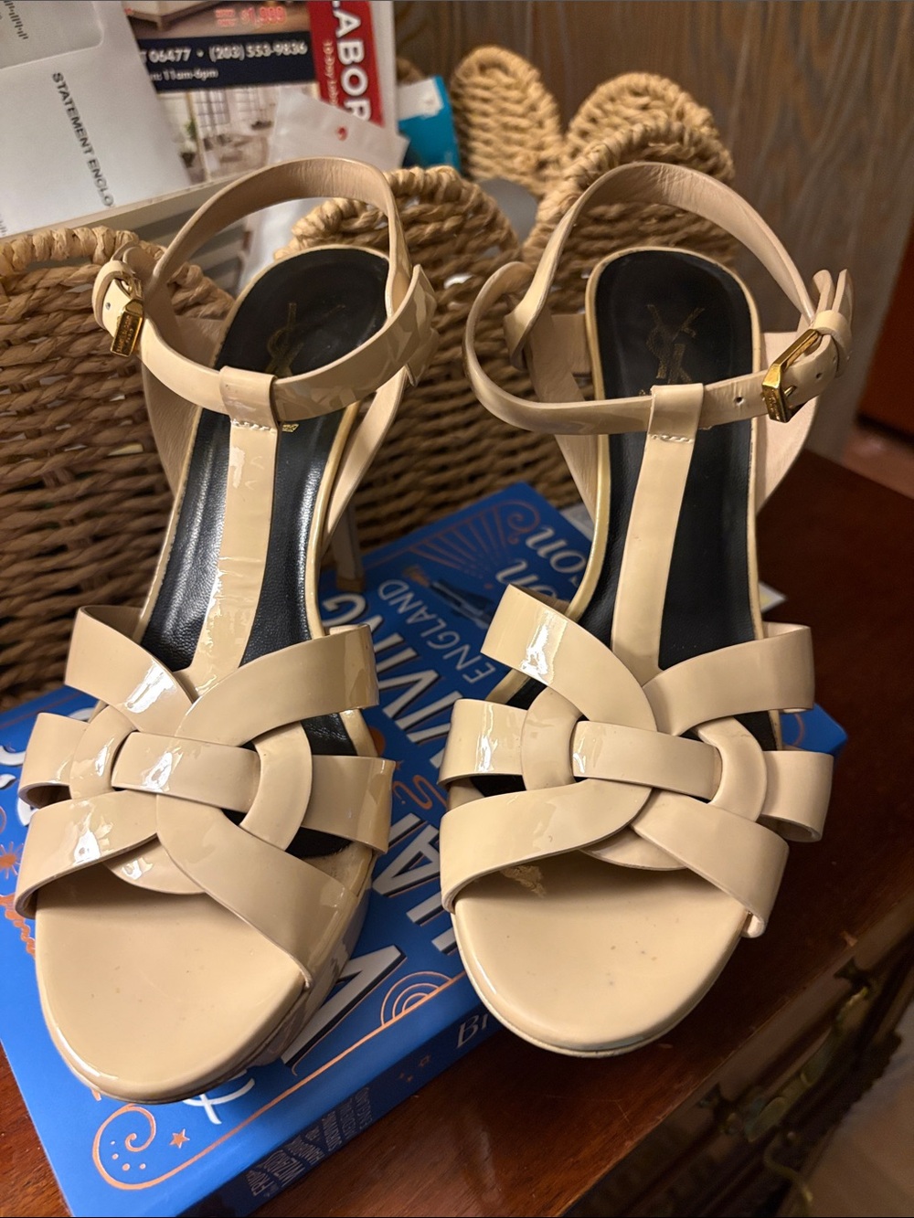YSL Patent Leather Nude Woven T-Strap Sandals
